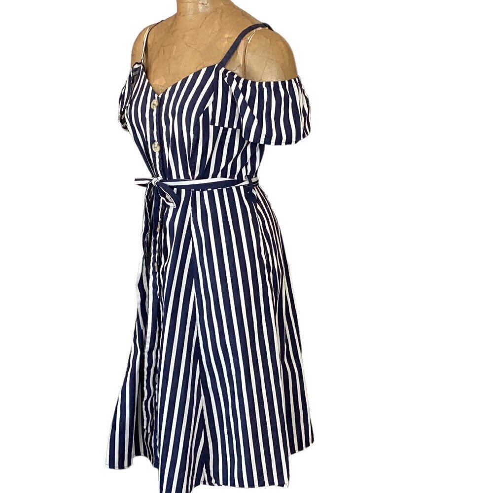 City Chic Stripe Affair Dress Button Front Tie-Waist Off Shoulder XXS/12 #267F - Picture 4 of 9
